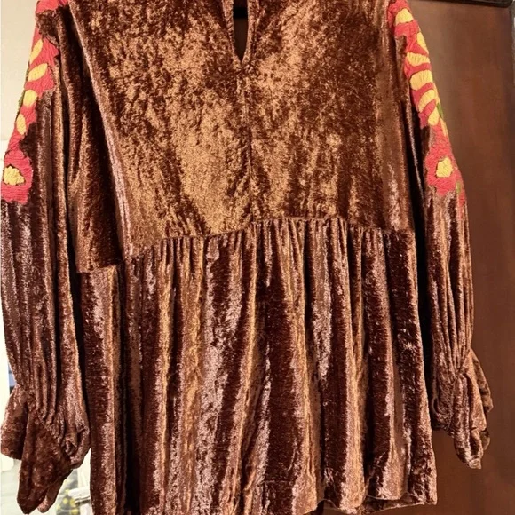 Ivy Jane Brown Velvet Blouse with Floral Accents size large - Picture 4 of 6